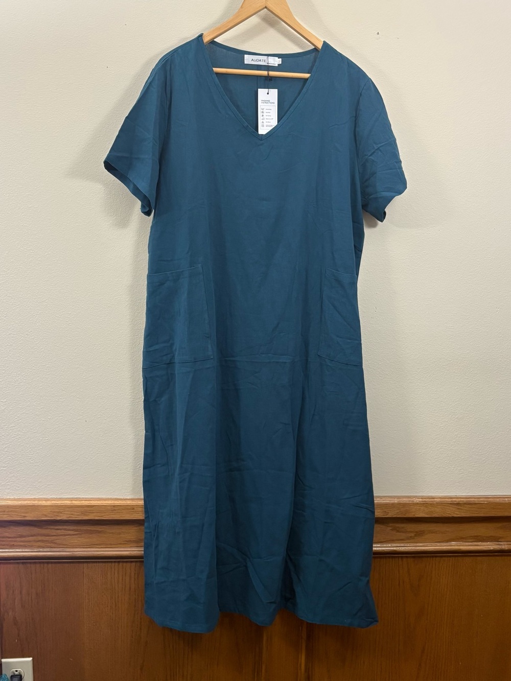 Audate dark teal V-neck midi dress womens XL NWT shift lagenlook casual comfy